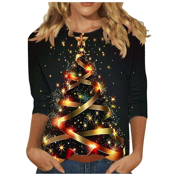 LbsKUS Women's Merry Christmas T Shirts 3/4 Sleeve Tops for Women Crewneck Snowflake Holiday Shirts Xmas Tree Graphic Blouse Casual Tunic Tees(Red,L)