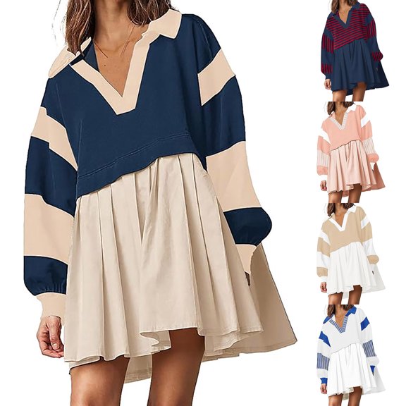 LbsKUS Women Oversized Casual Dresses Fall Fashion Patchwork Long Sleeve Dress Trendy Lapel Neck Pleated Mini Dress(Navy,Small)
