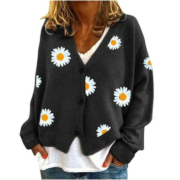 LbsKUS Deals Womens Casual Lightweight Cardigans Cute Daisy Printed Knitted Sweaters 2024 Fashion Long Sleeve Tops Classic Fit V Neck Clothes,Black,XL