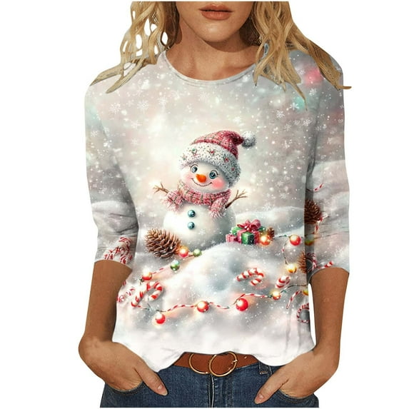 LbsKUS Deals,Womens Christmas Shirts,Cute 3D Snowflake Snowman Graphic Print Tops 2024 Crewneck Holiday T Shirts Loose Fit 3/4 Length Sleeve Blouses Trendy Ladies Tees(Multicolor,L)