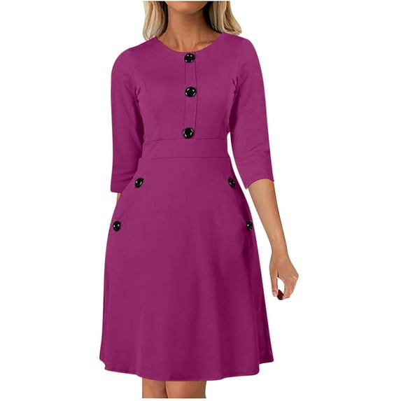 LbsKUS Elbow Sleeve Midi Dress for Women Tunic Blouson Dress Business Casual Work Dresses Ladies Elegant Plain Outfit(Purple,Large)