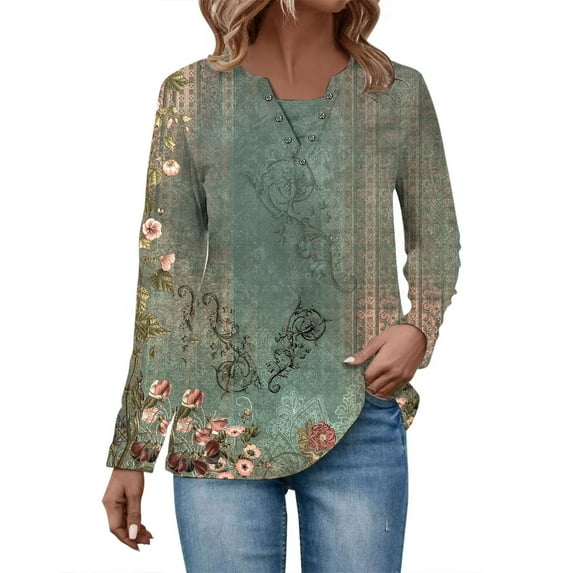 LbsKUS Fall Clearance,Womens Long Sleeve Tops V Neck Casual Shirts Retro Stylish Pullover Boho Floral Print Vintage Shirts Fall Clothes(Army Green,Medium)
