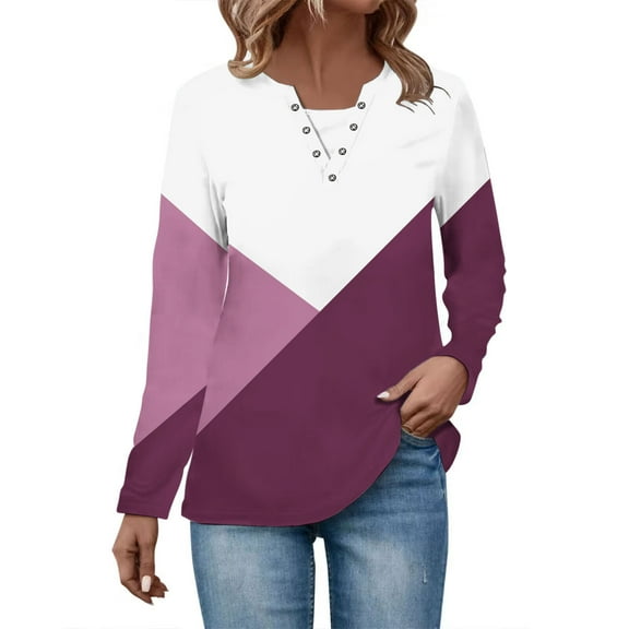 LbsKUS Fall Saving,Long Sleeve Womens Shirts Geometric Colorblock Casual T Shirts Button V Neck Pullover Loose Fit Fall Sweatshirts(Hot Pink,3X-Large)