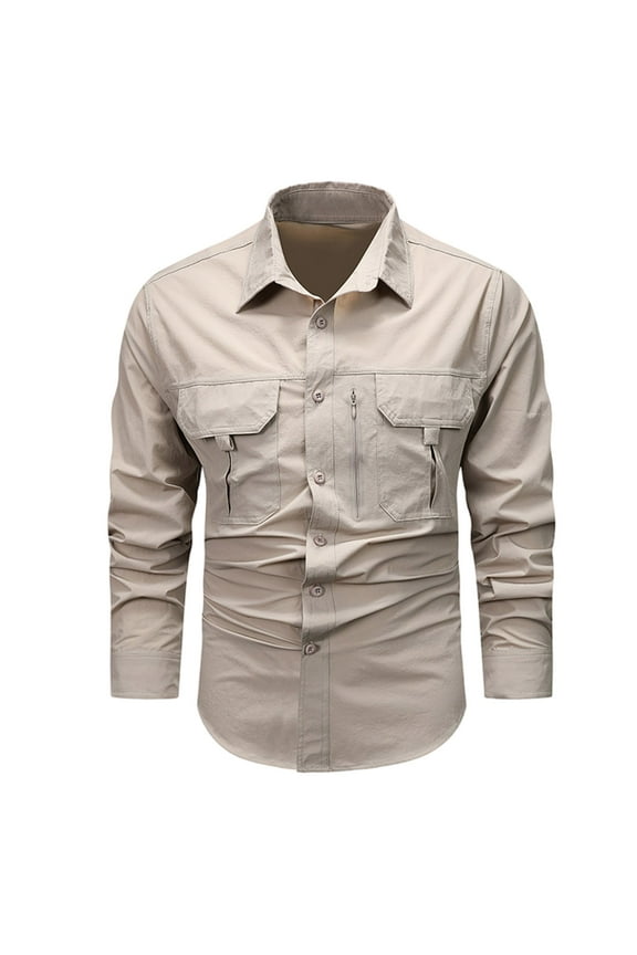 Fall&nbsp;Mens Cargo Work Shirts Long Sleeve Button Down Shirt Sun Protection Hiking Tops 2024 Outdoor Lightweight Military Shirts with Two Chest Pockets,White,L