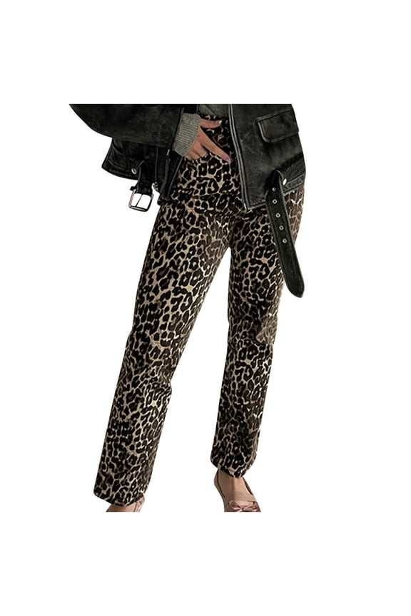 Leopard Print Jeans for Women Oversized Wide Leg High Waisted Denim Pants Hip Hop Y2k Pant Vintage Baggy Trousers No Belt,Brown,L