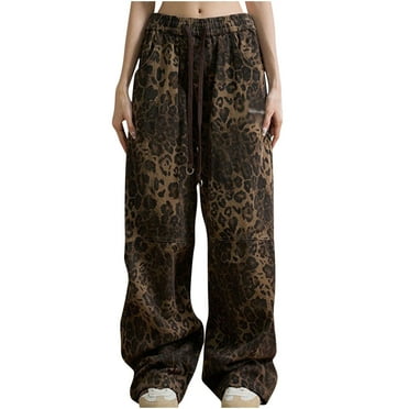LbsKUS Leopard Print Jeans for Women Oversized Wide Leg High Waisted Denim Pants Hip Hop Y2k Pant Vintage Baggy Trousers No Belt,Brown,S