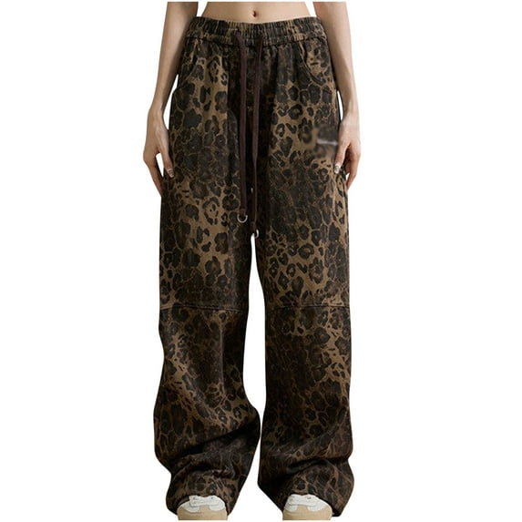 LbsKUS Leopard Print Jeans for Women Oversized Wide Leg High Waisted Denim Pants Hip Hop Y2k Pant Vintage Baggy Trousers No Belt,Brown,XL