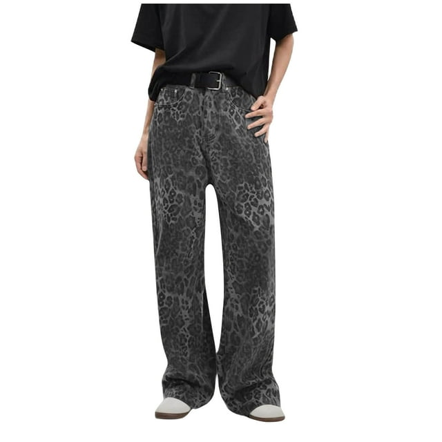 LbsKUS Leopard Print Jeans for Women Oversized Wide Leg High Waisted Denim Pants Hip Hop Y2k Pant Vintage Baggy Trousers No Belt,Gray,M