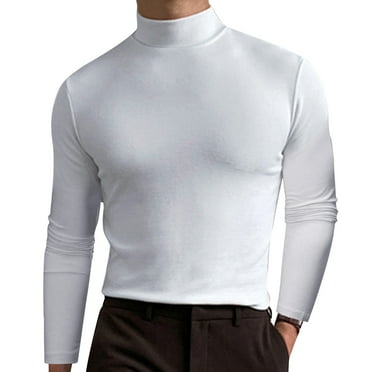 LbsKUS Men Turtleneck Mock Neck T Shirts Long Sleeve Ribbed Shirts Solid Color T-Shirts Basic Slim Fit Knitted Pullover Tees,White,XL
