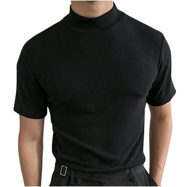 LbsKUS Men Turtleneck Mock Neck T Shirts Short Sleeve Ribbed Shirts Solid Color T-Shirts Basic Slim Fit Knitted Pullover Tees,Black,XL