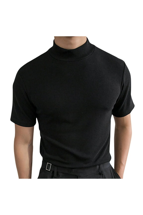 Men Turtleneck Mock Neck T Shirts Short Sleeve Ribbed Shirts Solid Color T-Shirts Basic Slim Fit Knitted Pullover Tees,Black,XL