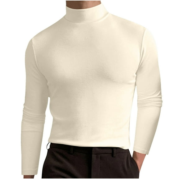 LbsKUS Men's Turtleneck Mock Neck T Shirts Long Sleeve Ribbed Shirts Solid Color T-Shirts Basic Slim Fit Knitted Pullover Tees,Beige,XL