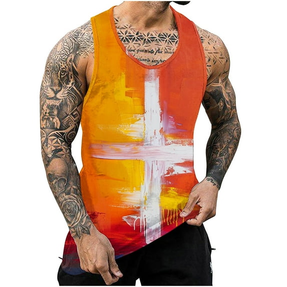 LbsKUS Mens 3D Graphic Printed T Shirts Summer Casual Christian Religious Tops Fashion Jesus Cross Short Sleeve Muscle Fit Tee Shir,Orange,XXL