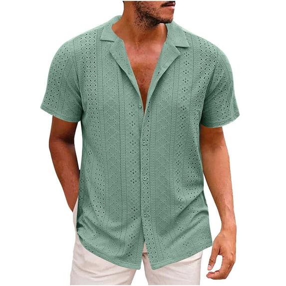 LbsKUS Mens Floral Lace Shirt Short Sleeve Hollow Out Sheer See Through Casual Button Down Shirts Summer Crochet Polo Shirt Fashion Beach Shirts Top,Green,XXL