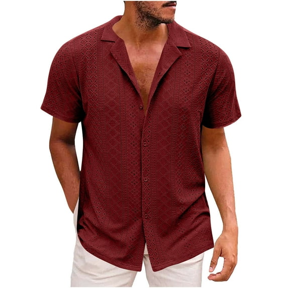 LbsKUS Mens Floral Lace Shirt Short Sleeve Hollow Out Sheer See Through Casual Button Down Shirts Summer Crochet Polo Shirt Fashion Beach Shirts Top,Wine,XL