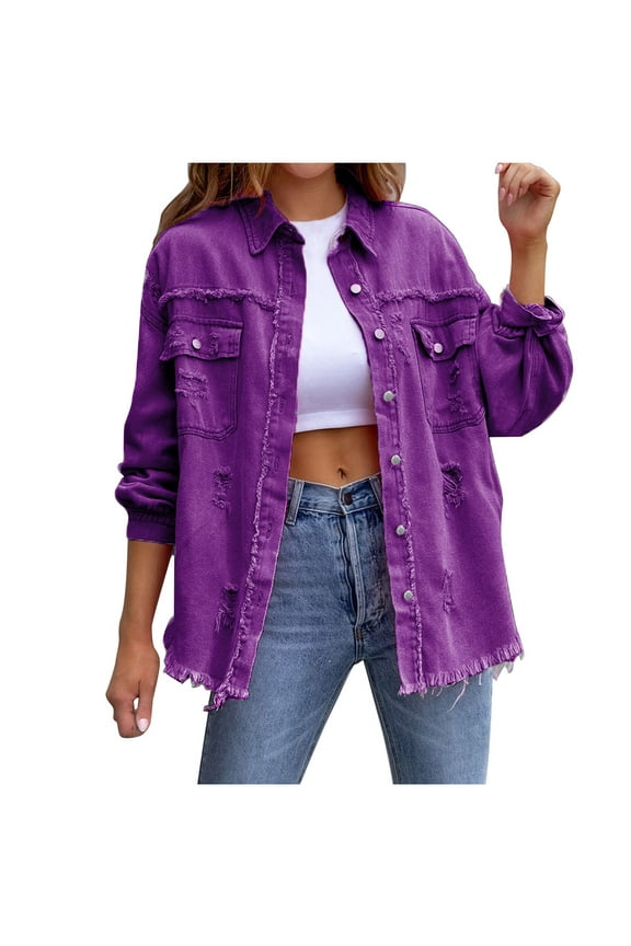 Oversize Denim Jacket for Women Distressed Long Sleeve Classic Trucker Jeans Jackets Solid Lapel Button Down Jean Jacket Coat Ripped Raw Hem Coats Saving 2024,Purple,XXL