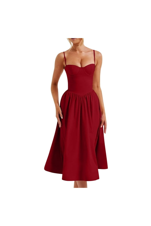 Prime of Day Sales Milkmaid Dress for Women Summer Spaghetti Strap Dresses Sweetheart-Neck Empire Waist Aline Boho Sundress(Red,Small)