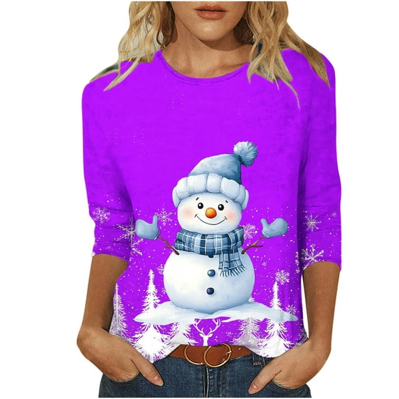 LbsKUS Reduced,Christmas Shirts for Women Funny Xmas Snowman 3D Graphic T Shirts 3/4 Sleeve Tunic Tops Cute Pullover Sweater Ladies Gifts Trendy Crewneck Holiday Blouse(Purple,XXL)