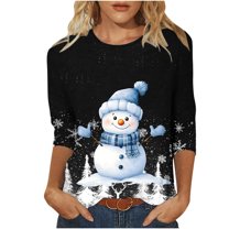 LbsKUS Reduced,Christmas Shirts for Women Funny Xmas Snowman 3D Graphic T Shirts 3/4 Sleeve Tunic Tops Cute Pullover Sweater Ladies Gifts Trendy Crewneck Holiday Blouse(Black,XXL)