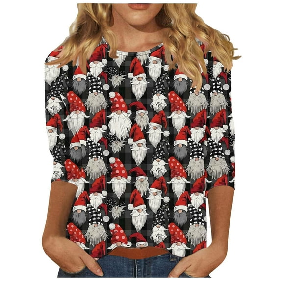 LbsKUS Reduced,Christmas Shirts for Women Trendy 3/4 Sleeve Tunic Tops Crewneck Casual Blouses Cute Elk Deer Print Tshirts Santa Claus Graphic T Shirts Top(Red,S)