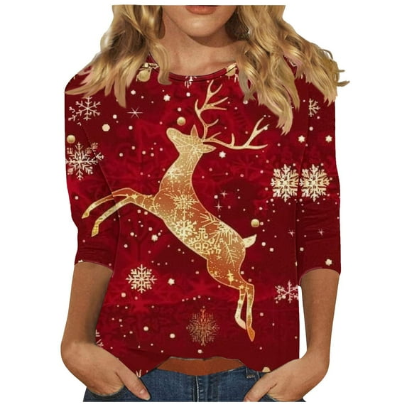 LbsKUS Reduced,Christmas Shirts for Women Trendy 3/4 Sleeve Tunic Tops Crewneck Casual Blouses Cute Elk Deer Print Tshirts Santa Claus Graphic T Shirts Top(Red,S)