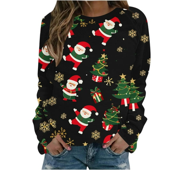 LbsKUS Reduced,Christmas T Shirts for Women Cute Christmas Tree Santa Claus Graphic Tops Long Sleeve Fashion Shirt Xmas Holiday Party Pullover Blouse(Black,XL)