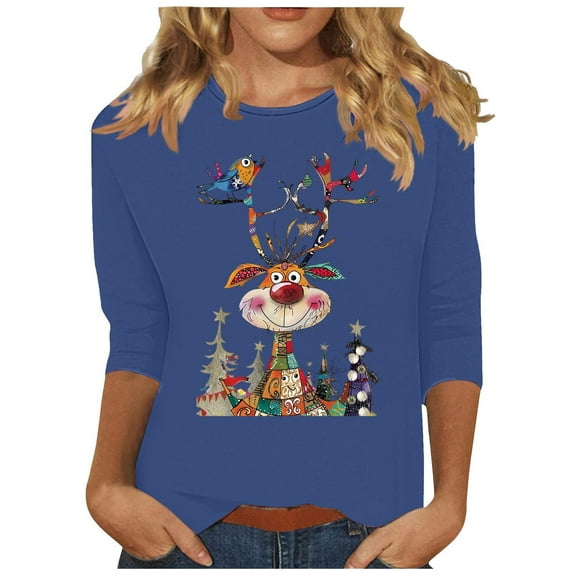 LbsKUS Reduced,Christmas Tops for Women Cute Xmas Deer Bird Graphic Shirts Xmas Tree Tees Xmas Gifts Tops 3/4 Length Sleeve Casual T Shirts Loose Vacation Tunics Top(Blue,XL)