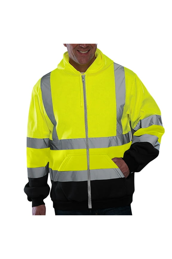 Reduced,Men's Reflective Safety T Shirt with Hood High Visibility Sweatshirt Long Sleeve Full Zip Construction Work Reflective Shirts with Large Front Pocket(Green,XXL)