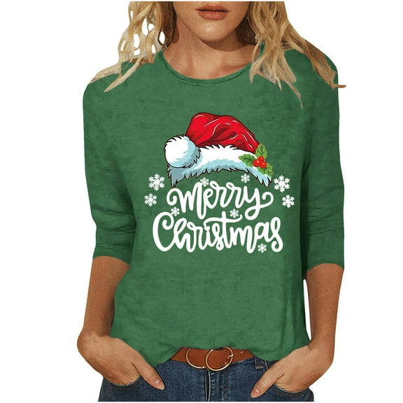 LbsKUS Reduced,Merry Christmas Shirts Women Xmas Santa Hat Graphic Blouse Tshirt Tops Cute Snowflake Letter Shirt 3/4 Sleeve Raglan Christmas Tee Tops(Green,M)