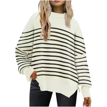 LbsKUS Reduced,Tunic Tops for Women Loose Fit Batwing Long Sleeve Sweater Striped Color Block Long Tunic Sweaters Fall Outfits(White,Small)