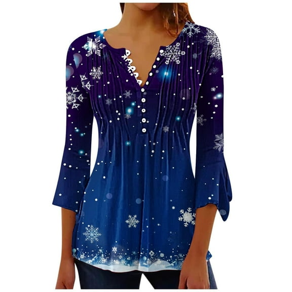 LbsKUS Reduced,Women Christmas 3D Graphic Tops Cute Xmas Tree Shirts Xmas Gift Tees Loose Fit Tunic Blouses Casual 3/4 Length Sleeve T Shirts Trendy Pleated Button Shirt(Blue,XXL)