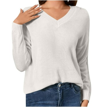 LbsKUS Reduced,Women Fall Tops Loose V Neck Long Sleeve Tunic Sweaters Ribbed Knit Casual Pullover Tops Lightweight Sweatshirt(White,Small)