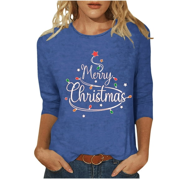 LbsKUS Reduced,Women's 3/4 Sleeve Shirts Cute Merry Christmas Letter Tops Funny Glitter Christmas Tree Cure Neck T Shirts Pullover Tops Holiday Clothes(Blue,XXL)