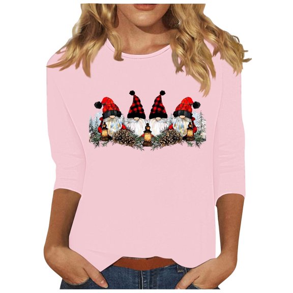 LbsKUS Reduced,Women's 3/4 Sleeve Tops Cute Santa Claus Graphic Printed Tshirts Top Xmas Tree Graphic Blouse Casual Loose Fit Tees Funny Christmas Basic Shirt(Pink,XXL)
