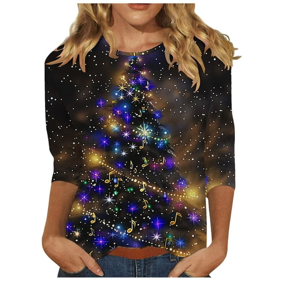 LbsKUS Reduced,Women's Christmas Shirts 3D Glitter Graphic Tops Casual Crewneck Top Trendy Holiday Tunic Blouse Tees Casual 3/4 Sleeve Funny Shirt(Black,XXL)