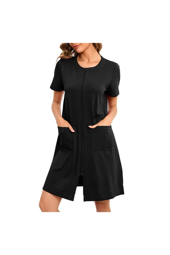 Reduced,Women's Robe Comfy Zip Up Robes Short Solid Bathrobe Lightweight Knee Length Housecoat Soft Loungewear for Ladies with Pockets Nightgown(Black,S)