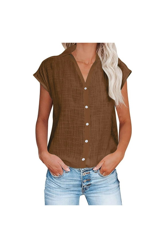 Summer Short Sleeve Shirts for Womens 2024 Fashion Button Down Plain Tops Collared Button Up Trendy Beach Tees Loose Fit Tunic Shirts Going Out Clothes,Brown,L