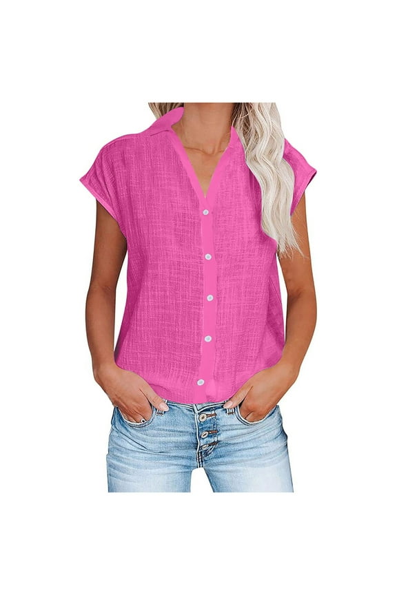 Summer Short Sleeve Shirts for Womens 2024 Fashion Button Down Plain Tops Collared Button Up Trendy Beach Tees Loose Fit Tunic Shirts Going Out Clothes,Hot Pink,L