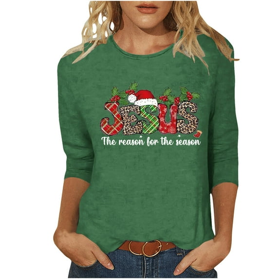 LbsKUS Winter Clearance,Christmas Tops Women 3/4 Sleeve Shirts Merry Christmas Xmas Tree Printed Tees Cute Letter Funny Graphic T Shirts 2024 Crewneck Vacation Trendy Tees(Green,M)