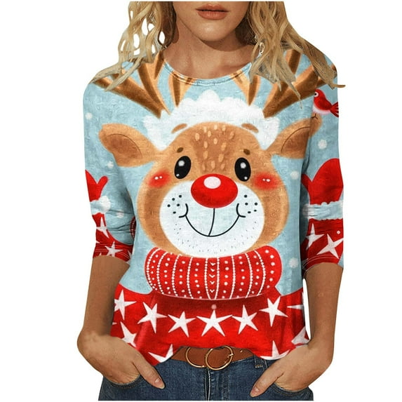 LbsKUS Winter Saving,3/4 Sleeve Tops for Women Merry Christmas Shirts 2024 Crewneck Xmas Tree Vintage Graphic Tees Christmas T Shirt(Red,XX-Large)
