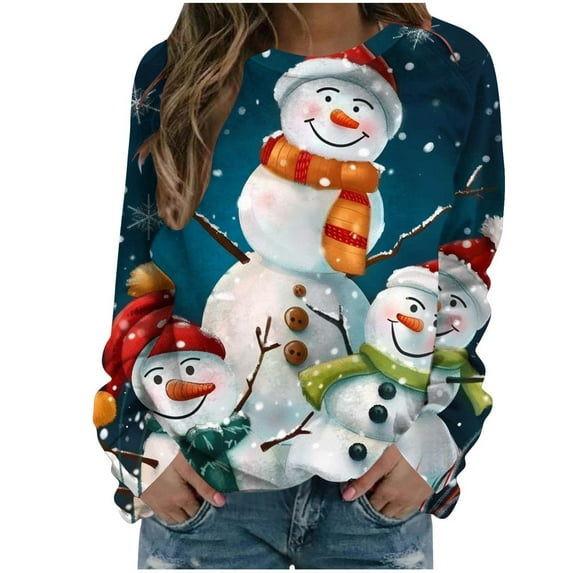 LbsKUS Winter Saving,3D Printed Tshirt for Women Xmas Tree Vintage Graphic Tee Tops Merry Christmas Holiday Gift Long Sleeve Tee Tops(Blue,Medium)