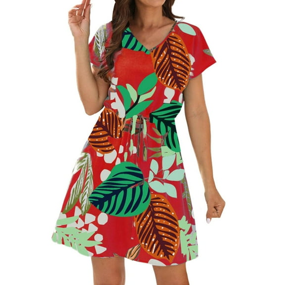 LbsKUS Women Beach Mini Dress Tropical Graphic Resort Wear Short Sleeve Crew Neck T-Shirt Dresses Waist Tie Belt Dress(Red,Large)