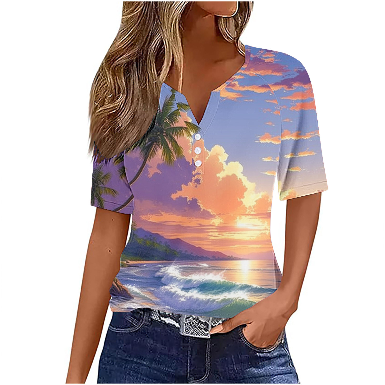 LbsKUS Women Short Sleeve Tops Floral Hawaiian Shirt Notched V Neck T ...