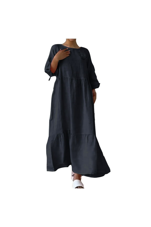 Women Summer Holiday Dress Flowy A-Line Cotton Blend Dresses Long Sleeve T-Shirt Dress Novelty Flower Decor Dress(Black,Small)