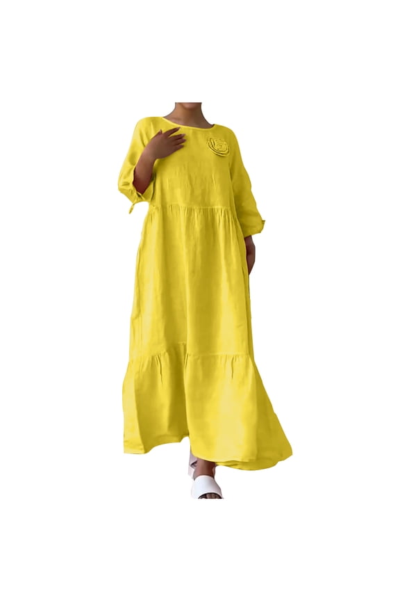 Women Summer Holiday Dress Flowy A-Line Cotton Blend Dresses Long Sleeve T-Shirt Dress Novelty Flower Decor Dress(Yellow,Medium)