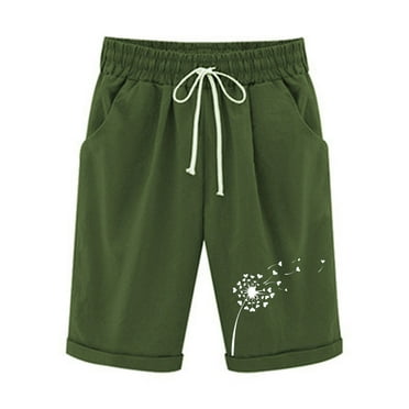 LbsKUS Women's Elastic Waist Knee Length Casual Bermuda Shorts Cargo Hiking Summer Dandelion Print Short with Pocket,Army Green,L