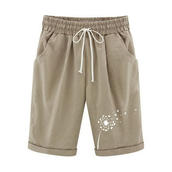 LbsKUS Women's Elastic Waist Knee Length Casual Bermuda Shorts Cargo Hiking Summer Dandelion Print Short with Pocket,Khaki,XL