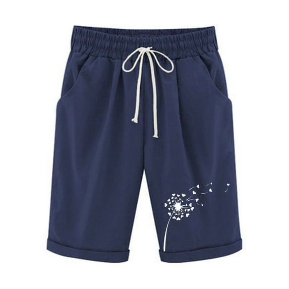 LbsKUS Women's Elastic Waist Knee Length Casual Bermuda Shorts Cargo Hiking Summer Dandelion Print Short with Pocket,Navy,XXL