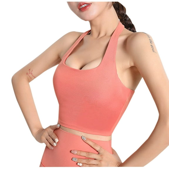 LbsKUS Women's Halter Bralettes Workout Sports Bra Open Back High Support Athletic Bras Square Neck Crop Tank Tops (Large,Pink)