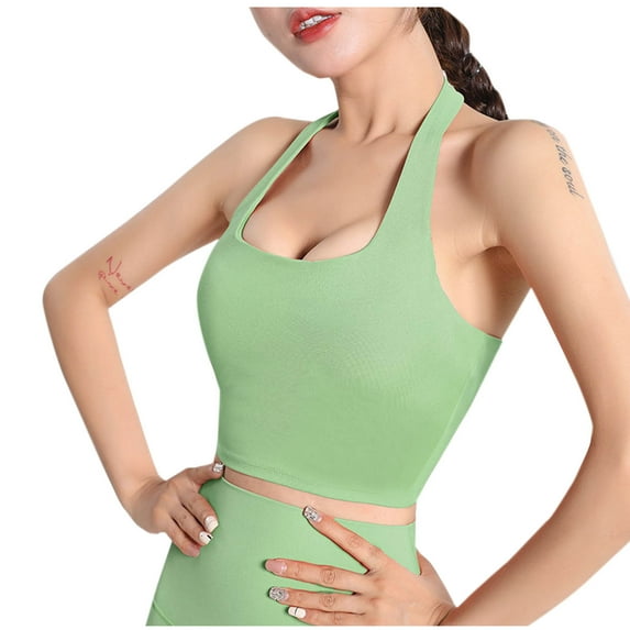 LbsKUS Women's Halter Bralettes Workout Sports Bra Open Back High Support Athletic Bras Square Neck Crop Tank Tops (Small,Green)